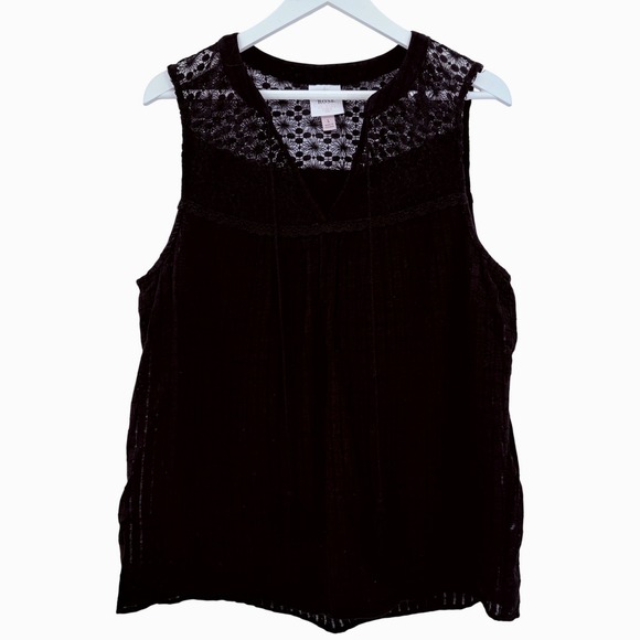 Black Lace Yoke V Neck Sleeveless Tank Top Women Size L Witchy Goth Dark Fairy - Picture 2 of 4
